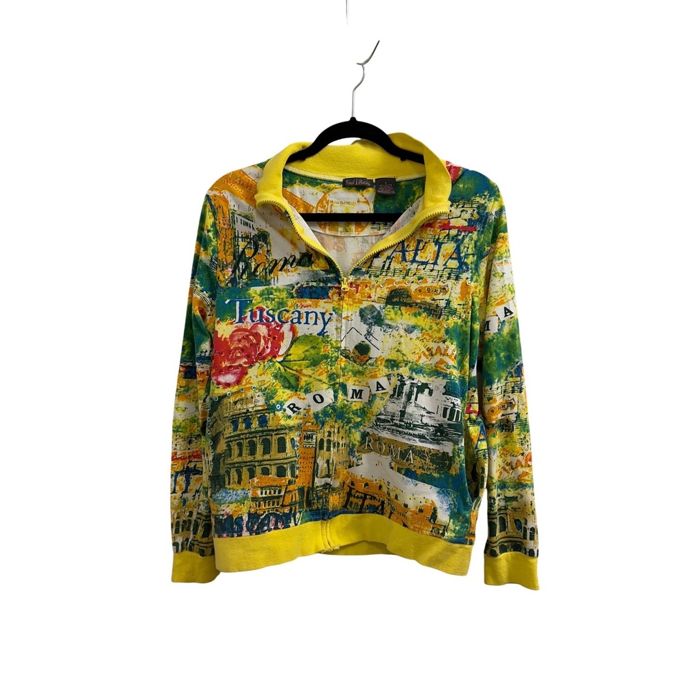 French Postcards Vintage Art to Wear Italy Travel Print Sequin Zip Up Jacket S